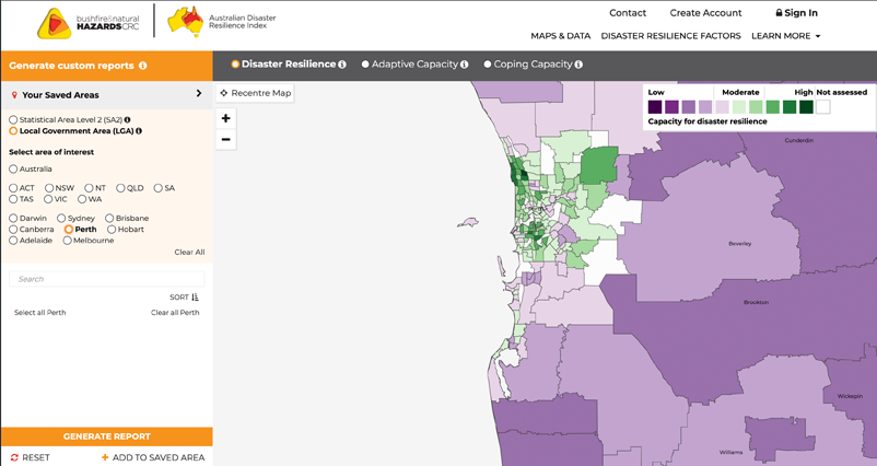 Figure 2: The Australian Disaster Resilience Index provides views of the resilience capacities of large or small areas using local government areas and Statistical Area Level 2.  Source: Bushfire and Natural Hazards CRC